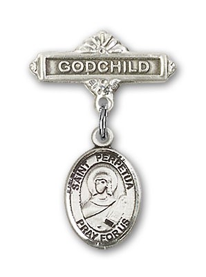 Pin Badge with St. Perpetua Charm and Godchild Badge Pin - Silver tone
