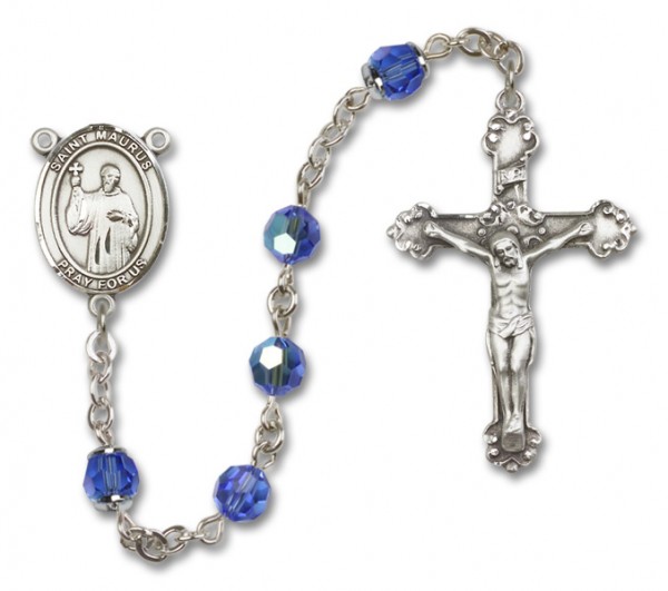 St. Maurus Sterling Silver Heirloom Rosary Fancy Crucifix - Sapphire