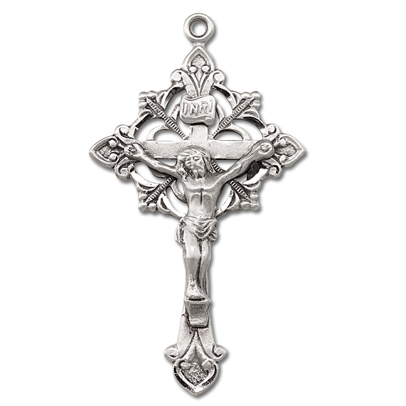 Ornate Sunburst Sterling Silver Rosary Crucifix - Sterling Silver