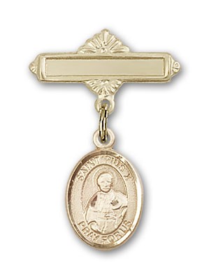 Pin Badge with St. Pius X Charm and Polished Engravable Badge Pin - 14K Solid Gold