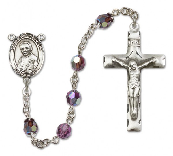 St.  John Neumann Sterling Silver Heirloom Rosary Squared Crucifix - Amethyst