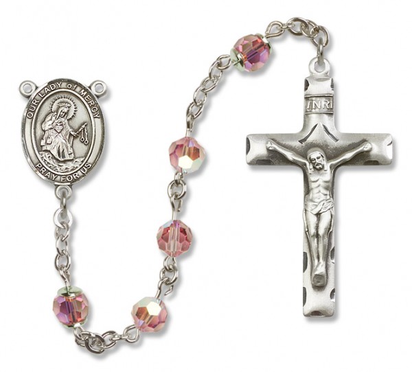 Our Lady of Mercy Sterling Silver Heirloom Rosary Squared Crucifix - Light Rose