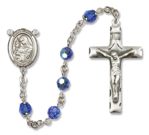 St. Clare of Assisi Sterling Silver Heirloom Rosary Squared Crucifix - Sapphire
