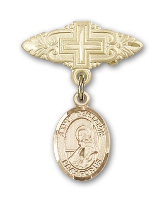 Pin Badge with St. Benjamin Charm and Badge Pin with Cross - 14K Solid Gold
