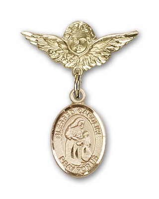 Pin Badge with Blessed Caroline Gerhardinger Charm and Angel with Smaller Wings Badge Pin - 14K Solid Gold
