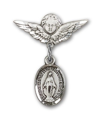Baby Pin with Miraculous Charm and Angel with Smaller Wings Badge Pin - Silver tone
