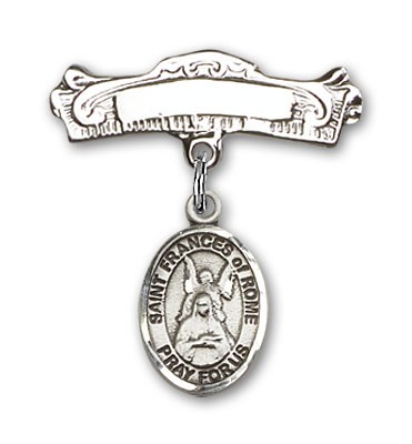 Pin Badge with St. Frances of Rome Charm and Arched Polished Engravable Badge Pin - Silver tone