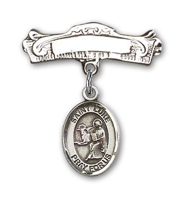 Pin Badge with St. Luke the Apostle Charm and Arched Polished Engravable Badge Pin - Silver tone