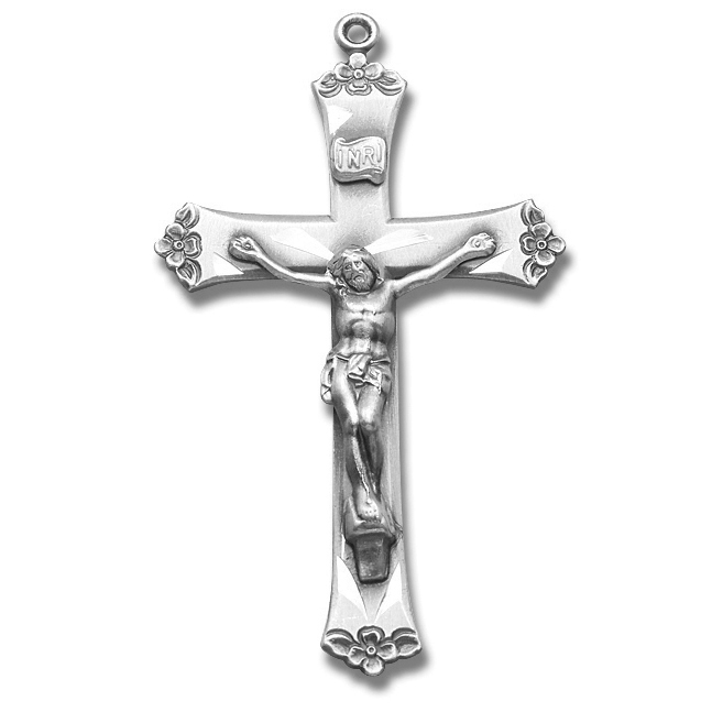 Floral Tip Satin Finish Sterling Silver Rosary Crucifix - Sterling Silver
