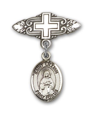 Pin Badge with St. Lillian Charm and Badge Pin with Cross - Silver tone