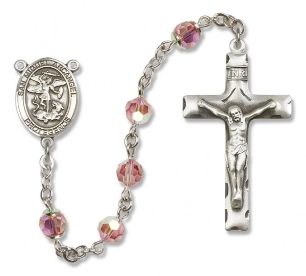 San Miguel the Archangel Sterling Silver Heirloom Rosary Squared Crucifix - Light Rose