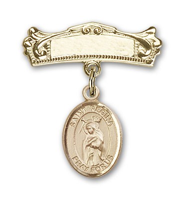 Pin Badge with St. Regina Charm and Arched Polished Engravable Badge Pin - Gold Tone
