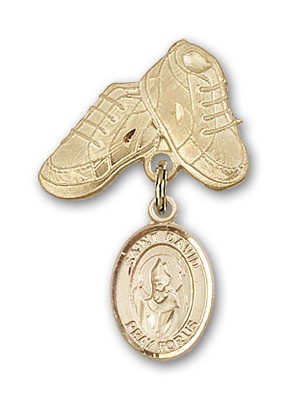 Pin Badge with St. David of Wales Charm and Baby Boots Pin - Gold Tone
