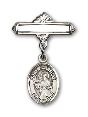 Pin Badge with St. Matthew the Apostle Charm and Polished Engravable Badge Pin - Silver tone