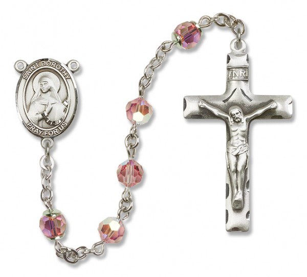 St. Dorothy Sterling Silver Heirloom Rosary Squared Crucifix - Light Rose