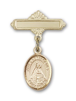 Pin Badge with Our Lady of Olives Charm and Polished Engravable Badge Pin - 14K Solid Gold