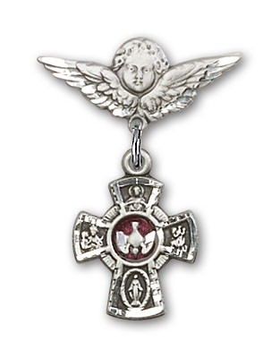 Pin Badge with Red 5-Way Charm and Angel with Smaller Wings Badge Pin - Silver | Red