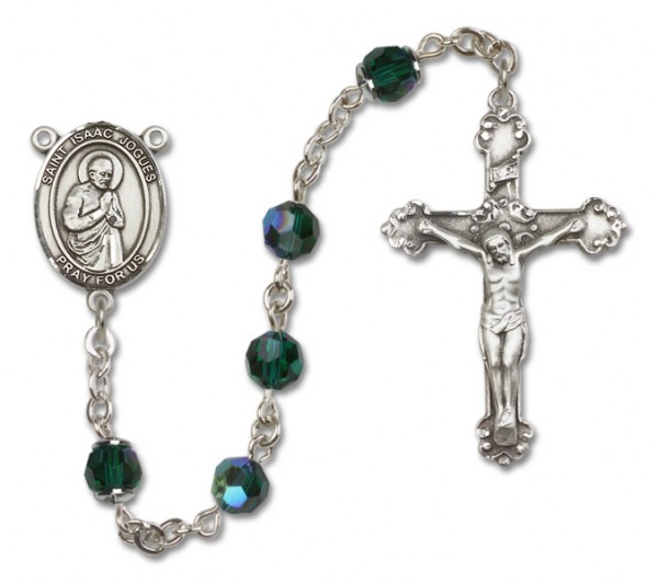 St. Isaac Jogues Sterling Silver Heirloom Rosary Fancy Crucifix - Emerald Green