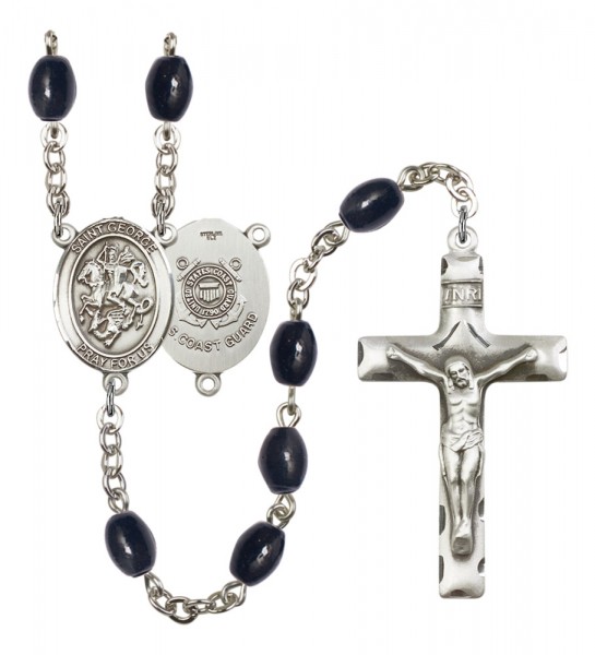 Men's St. George Coast Guard Silver Plated Rosary - Black Oval