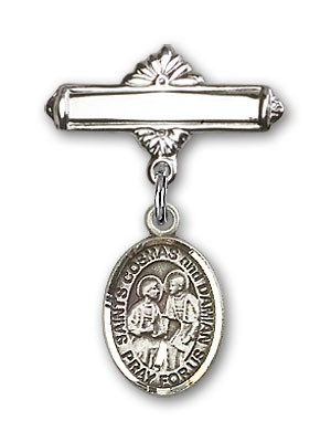 Pin Badge with Sts. Cosmas &amp; Damian Charm and Polished Engravable Badge Pin - Silver tone