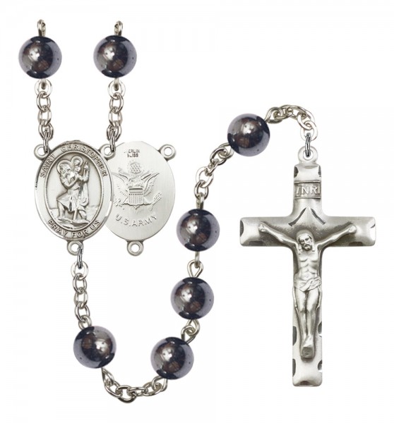 Men's St. Christopher Army Silver Plated Rosary - Silver