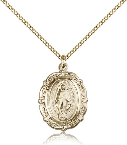 Floret Border Miraculous Medal Necklace - 14KT Gold Filled