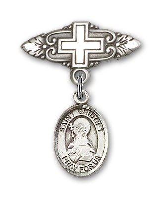 Pin Badge with St. Bridget of Sweden Charm and Badge Pin with Cross - Silver tone