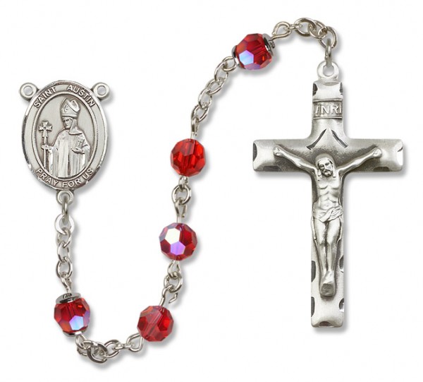 St. Austin Sterling Silver Heirloom Rosary Squared Crucifix - Ruby Red