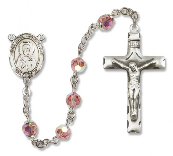 St.  John Chrysostom Sterling Silver Heirloom Rosary Squared Crucifix - Light Rose
