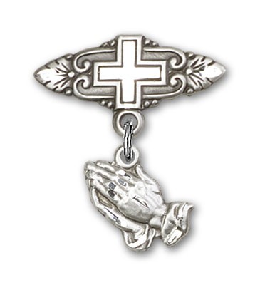 Baby Pin with Praying Hands Charm and Badge Pin with Cross - Silver tone