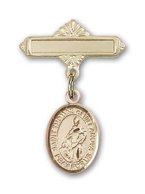 Pin Badge with St. Thomas of Villanova Charm and Polished Engravable Badge Pin - Gold Tone