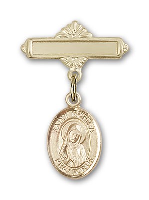 Pin Badge with St. Monica Charm and Polished Engravable Badge Pin - 14K Solid Gold
