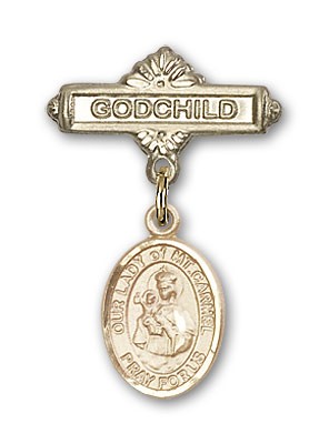 Baby Badge with Our Lady of Mount Carmel Charm and Godchild Badge Pin - 14K Solid Gold