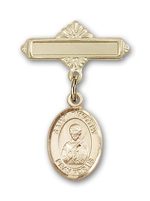 Pin Badge with St. Timothy Charm and Polished Engravable Badge Pin - 14K Solid Gold