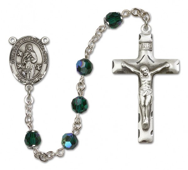 Our Lady of Assumption Sterling Silver Heirloom Rosary Squared Crucifix - Emerald Green