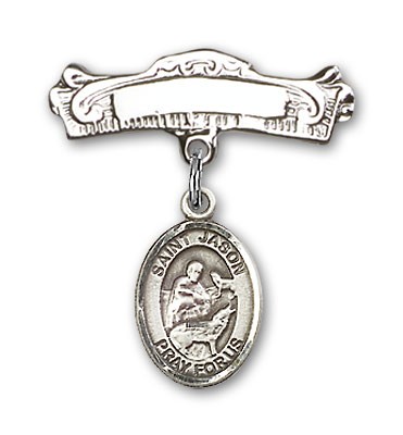 Pin Badge with St. Jason Charm and Arched Polished Engravable Badge Pin - Silver tone