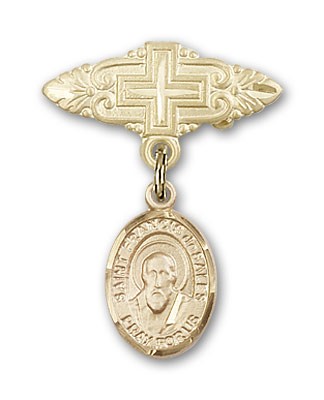 Pin Badge with St. Francis de Sales Charm and Badge Pin with Cross - 14K Solid Gold