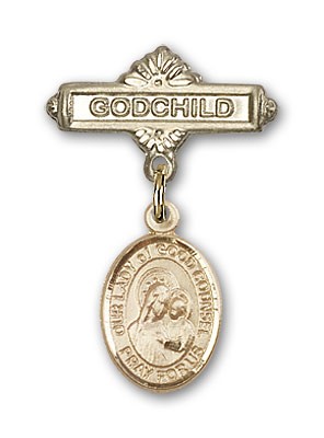 Baby Badge with Our Lady of Good Counsel Charm and Godchild Badge Pin - 14K Solid Gold
