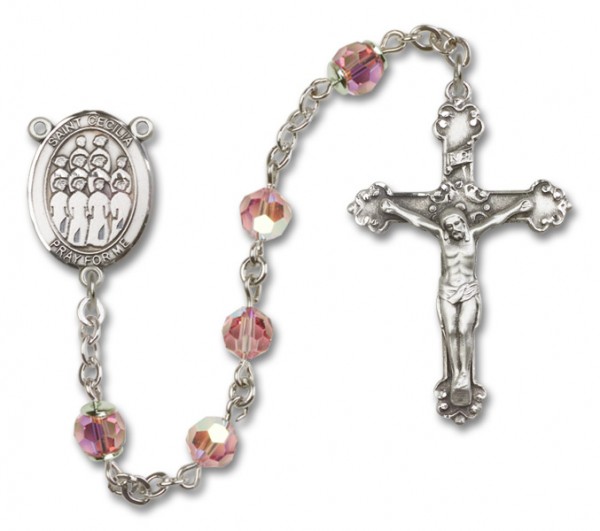 St. Cecilia with Choir Sterling Silver Heirloom Rosary Fancy Crucifix - Light Rose