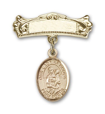 Pin Badge with Our Lady of Knock Charm and Arched Polished Engravable Badge Pin - Gold Tone