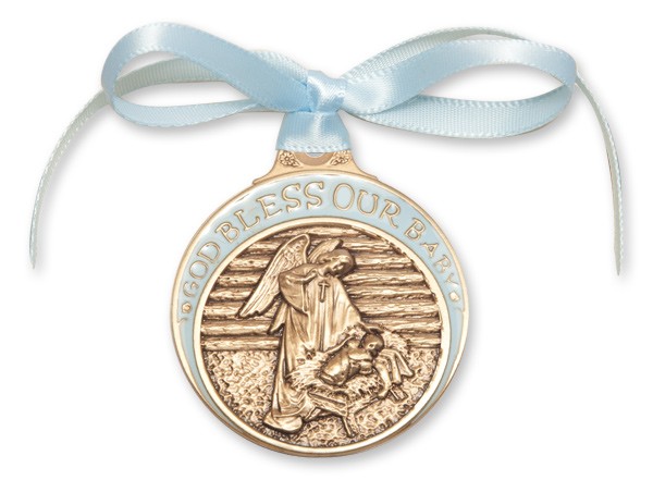 Boy's Blue Ribbon Angel in Manger Crib Medal in Brass - Blue | Gold