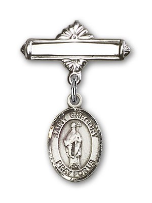 Pin Badge with St. Gregory the Great Charm and Polished Engravable Badge Pin - Silver tone