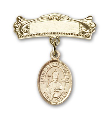 Pin Badge with St. Leo the Great Charm and Arched Polished Engravable Badge Pin - 14K Solid Gold