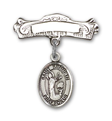 Pin Badge with St. Kenneth Charm and Arched Polished Engravable Badge Pin - Silver tone