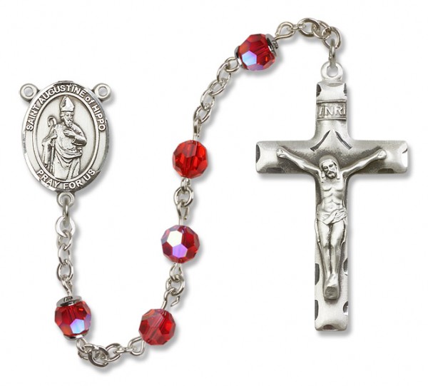 St. Augustine of Hippo Sterling Silver Heirloom Rosary Squared Crucifix - Ruby Red