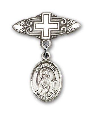 Pin Badge with St. Paul the Apostle Charm and Badge Pin with Cross - Silver tone