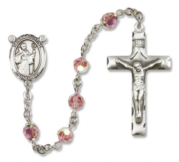 St. Augustine Sterling Silver Heirloom Rosary Squared Crucifix - Light Rose
