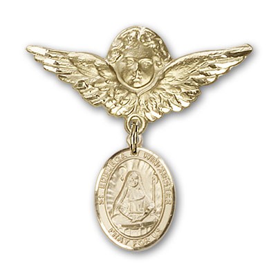 Pin Badge with St. Edburga of Winchester Charm and Angel with Larger Wings Badge Pin - Gold Tone