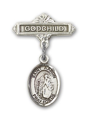 Pin Badge with St. Aaron Charm and Godchild Badge Pin - Silver tone
