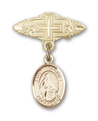 Pin Badge with St. Veronica Charm and Badge Pin with Cross - 14K Solid Gold